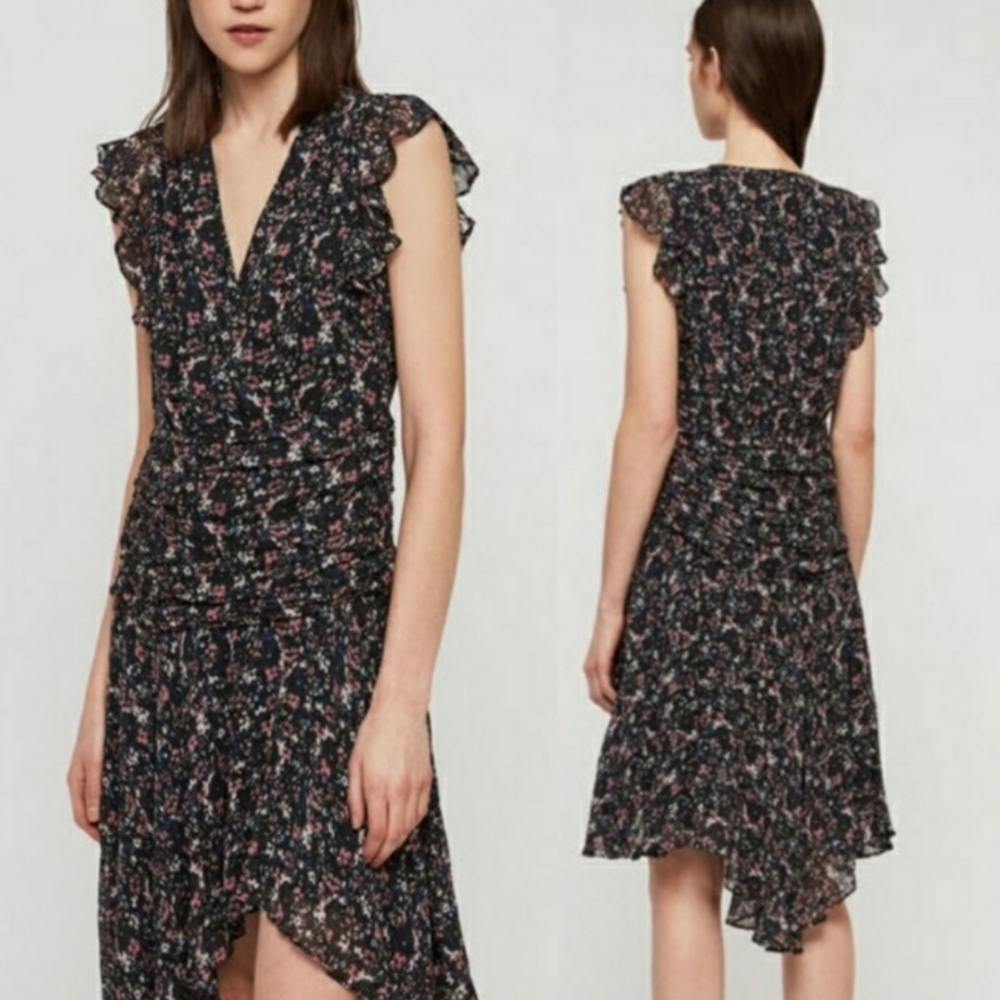 All Saints Floral Midi Dress - Black and Pink